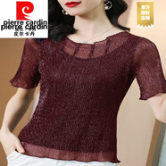 皮爾卡丹（PIERRE CARDIN）網(wǎng)紗短袖T恤女2025夏新款歐根紗減齡體恤小衫條紋褶皺遮肚子上衣 高腰短t-酒紅色 M 涼感T恤- 建議75-100斤
