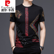 皮爾卡丹（pierre cardin）品牌男裝男士短袖t恤夏季個(gè)性印花上衣潮流休閑半截袖打底衫 紅色+YXL-829黑色 M+165