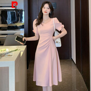 皮爾卡丹連衣裙女裝2024夏季新款氣質(zhì)女神范高級感V領(lǐng)a字裙修身顯瘦中長(cháng)裙 粉紅色 S