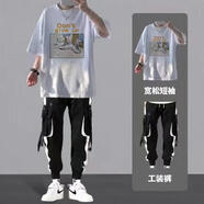 摘星少年衣服春夏季套裝男青少年帥氣短袖兩件套港風(fēng)半袖T恤工裝褲一套裝 英文白+K94褲子黑【兩件套】 XL 115-140斤 優(yōu)先發(fā)貨