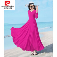 皮爾卡丹（pierre cardin）新款春夏V領(lǐng)女長(cháng)袖色沙灘度假雪紡連衣裙修身顯瘦飄逸大擺長(cháng)針織 玫紅色 L 建議105-115斤