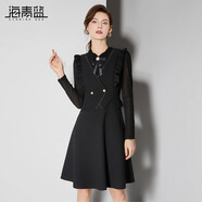 海青藍氣質(zhì)拼接假兩件連衣裙秋季2024新款遮肚顯瘦減齡中長(cháng)a字裙上檔次 黑色 XL