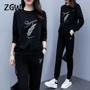 ZGWT輕奢高檔品牌休閑運動(dòng)套裝女春秋新款寬松秋冬加絨圓領(lǐng)衛衣兩件套 黑色套裝(羽毛 春秋款) L (100-120斤)