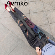 Avmko牛仔褲新款歐洲站時尚重工刺繡牛仔褲女高腰緊身顯瘦百搭小腳長褲 鑲鉆兔子款 30【124~130斤】【二尺三】