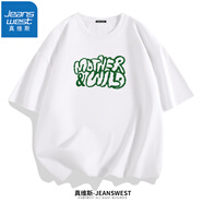 真維斯（JEANSWEST）短袖t恤純棉汗衫體恤衫男女同款青少年學(xué)生字母印花上衣情侶T恤衫 白色（綠刺字） L(體重110斤-130斤)