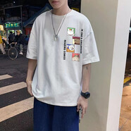 嘉曄（JIAYE）港風(fēng)短袖t恤男生寬松休閑學(xué)生五分T恤男情侶夏季潮牌半袖打底衫 豎動(dòng)漫白色 5XL