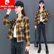 皮爾卡丹（pierre cardin）設計感小眾短款格子襯衫女春秋修身外套顯瘦高腰上衣開(kāi)衫2024年 黃色格 2XL 【建議125-135斤】