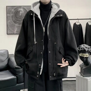 NEW OR MODE假兩件毛呢大衣男士美式潮牌加厚外套男秋冬季韓版寬松連帽上衣服 黑色 M