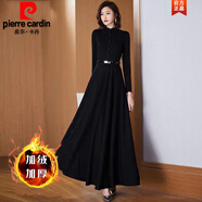皮爾卡丹（pierre cardin）時尚秋冬長袖加絨加厚連衣裙女長款2023年新款秋季氣質(zhì)超長大擺裙 黑色【加絨款】 4XL 建議140-150斤