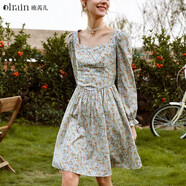 Olrain歐芮兒春裝碎花連衣裙女收腰顯瘦一字肩方領(lǐng)設計感中長(cháng)裙 花色 L 165/88A