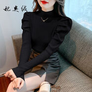 妃奧絨泡泡袖打底衫女秋冬2023年新款毛衣時(shí)髦時(shí)尚洋氣半高領(lǐng)純色針織衫 黑色 XXL