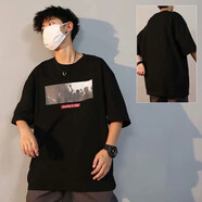 詩翁（shiweng）港風t恤男寬松超火ins上衣潮流潮牌短袖男裝2021新款夏學生衣服男T恤 Y35黑 XL