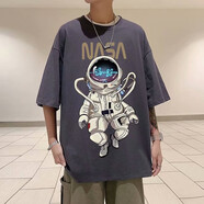 嘉曄潮牌短袖T恤男宇航員T恤男青少年學(xué)生T恤男五分袖短袖夏季短袖男 T595 宇航員深灰色 S 65-75
