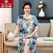 俞兆林媽媽棉綢睡裙女中老女士短袖棉綢連衣裙老人綿綢睡衣女款夏空調服 綠色北歐葉 XXL (適合身高150~165，90~130斤