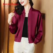 LOVER RUCCI洋氣短款真絲棒球服外套女春裝2025新款時尚春季女士夾克薄款上衣 酒紅 L [106-115斤]