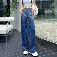 韓依索絲高腰設(shè)計感闊腿牛仔褲女2024夏季新款漸變水鉆直筒垂墜感拖地褲潮 深藍(lán)色/長褲 XS