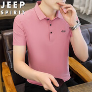 JEEP吉普短袖復(fù)古t恤男夏季冰絲POLO打底衫寬松透氣翻領(lǐng)衣服團(tuán)購(gòu)定制 粉色 L【建議115-130斤】