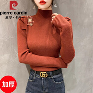 皮爾卡丹（pierre cardin）新中式釘鉆鏤空盤扣針織衫女秋冬國風泡泡袖半高領(lǐng)修身打底衫毛衣 繡紅 加厚 S