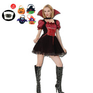 漫翔 萬(wàn)圣節兒童吸血鬼cos服大人魔鬼套裝兒童恐怖服裝男女童衣服女巫 成人短袖短裙吸血鬼+糖果袋+假牙 大人均碼