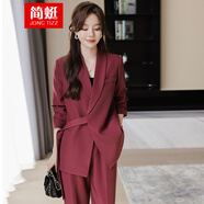 簡(jiǎn)蜓西裝套裝女休閑時(shí)尚職業(yè)裝西服兩件套裝春秋氣質(zhì)高級(jí)感女神闊腿褲 酒紅色單西裝（腰帶款） L 【105斤-120斤】