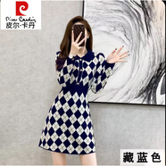 皮爾卡丹（pierre cardin）秋裝2024新款小香風法式感長袖針織連衣裙女秋冬小個子毛衣裙 藏藍格子 S