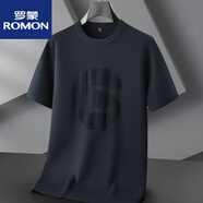 羅蒙（ROMON）胖子男士短袖毛衣秋冬款加肥加大碼潮流提花圓領(lǐng)半袖針織打底衫潮 7280寶藍色 XL 建議120-140斤