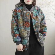 焱思泰加絨文藝復(fù)古棒球服棉衣女冬季新款印花百搭短款民族風(fēng)棉襖短外套 黃色 L 【建議110-125斤】