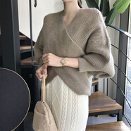 憶思減韓國(guó)chic秋冬加厚交叉V領(lǐng)蝙蝠袖名媛氣質(zhì)針織衫套頭毛衣女外穿潮 卡其色HX0791  S