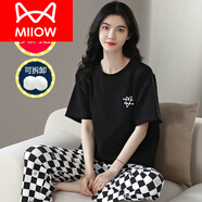 貓人（MiiOW）帶胸墊睡衣女春夏季薄款純棉短袖長(zhǎng)褲家居服棉半袖可外穿兩件套 YM645 純棉100/ XL -建議120-135斤內(nèi)【帶胸墊】