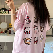 阿瑪瑟（amase）重磅新款潮牌青春潮流上衣T恤女ins100%重磅克純棉短袖情侶男女 B3-29-蛋糕貓雙面短袖-粉 S
