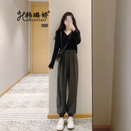 韓璐嬌 休閑褲女裝套裝2022年春秋新款韓版時尚氣質(zhì)長袖針織衫高腰顯瘦束腳工裝褲小個子洋氣減齡兩件裝 黑色上衣（單件） S
