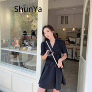shunya 香港潮牌 小個(gè)子西裝領(lǐng)連衣裙2022年夏季短袖女裝寬松新款收腰顯瘦氣質(zhì)超仙甜美裙子 黑色 XS