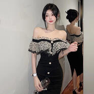 雷黛茜小心機一字肩荷葉邊修身顯瘦連衣裙女夏季新款純欲辣妹中長(cháng)包臀裙 波點(diǎn)荷葉邊連衣裙(優(yōu)質(zhì)版) S