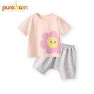 博睿恩（Pureborn）網(wǎng)紅款男女寶寶套裝夏季薄款純棉T恤褲子?jì)雰阂路绦涠萄?蜜桃 90