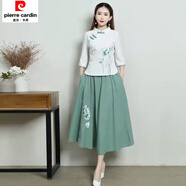 皮爾卡丹2025新款中國風(fēng)漢服女旗袍連衣裙民族風(fēng)春季唐裝文藝復古兩件套裝 白上衣+綠色半身裙【套裝】 XL 建議體重110-120斤
