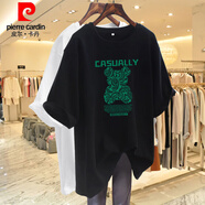 皮爾卡丹（pierre cardin）特大碼300斤純棉小熊印花短袖t恤女2024夏季新款遮屁股中長(cháng)款上衣 黑色 4XL165-190