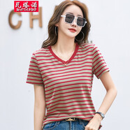 瓦塔諾（WA TA NUO）V領(lǐng)條紋時(shí)尚t恤女裝新款短袖夏裝上衣半袖女士體恤衫內(nèi)搭棉衣服潮 紅條紋 S(80-95斤)