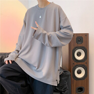 NEW OR MODE排扣長(zhǎng)袖T恤男港風(fēng)潮流牌開(kāi)叉打底衫青少年ins寬松上衣服圓領(lǐng)休閑 灰色 XL