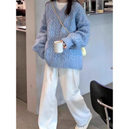 DXOT慵懶風(fēng)寬松軟糯中長款毛衣女2025秋冬日系復(fù)古針織衫設(shè)計(jì)感小眾女 藍(lán)色 L 建議110-120斤