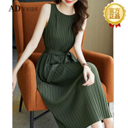 ADVSUS官方優(yōu)雅新格局別致感圓領(lǐng)高溫壓褶收腰顯白百褶背心連衣裙 橄欖綠 均碼 建議90-150斤左右