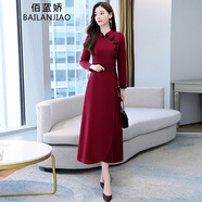 佰藍(lán)嬌 2023春裝新款春季女裝時(shí)尚氣質(zhì)長袖中國風(fēng)改良旗袍連衣裙長裙子 酒紅色 L
