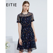 愛(ài)特愛(ài)（EITIE）夏季新品商場(chǎng)同款顯瘦高腰優(yōu)雅蕾絲花邊印花短袖連衣裙6607317 深藍31 M 160