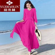 俞兆林（YUZHAOLIN）新品2024雪紡連衣裙女秋氣質(zhì)收腰顯瘦長(cháng)款大擺海邊度假沙灘長(cháng)裙子 玫紅色 XL