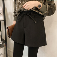CEENIU大碼毛呢短褲女秋冬季新款高腰A字闊腿褲外穿打底靴褲 102黑色 L 建議100-120斤