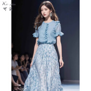可茵（Keyin）連衣裙女裝套裝2025年新款夏季穿搭小香風(fēng)藍(lán)色襯衣碎花雪紡裙子女 上衣+碎花半身裙 M