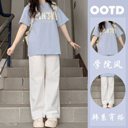 Baldauren女大童套裝春夏薄款12-15歲初中高中學(xué)生女裝寬松短袖T恤闊腿褲潮 601藍色T恤+白色褲子 【套裝】 薄款 155 M 【85-100斤】