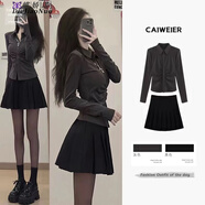 蝶嬌諾（DIEJIAONUO）新款連衣裙秋季穿搭女套裝輕熟性感JK制服辣妹小香風(fēng)短裙子兩件套 灰色襯衫+黑色短裙 L