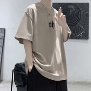雪萊瓊斯 短袖t恤男夏季寬松潮流T恤衫學(xué)生潮牌休閑五分半截袖體恤上衣服 卡其 4XL
