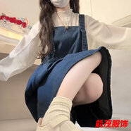 萱眸兩件/套裝甜美學(xué)院風(fēng)小個子復(fù)古牛仔背帶連衣裙女學(xué)生+燈籠袖襯衫 單長/袖襯衫-新品連衣裙 S -新品連衣裙