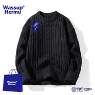 WASSUP HERMU官方毛衣男女春秋季純色圓領(lǐng)粗麻花針織衫加絨加厚線(xiàn)衣休閑外套 黑色 M (推薦90-105斤）